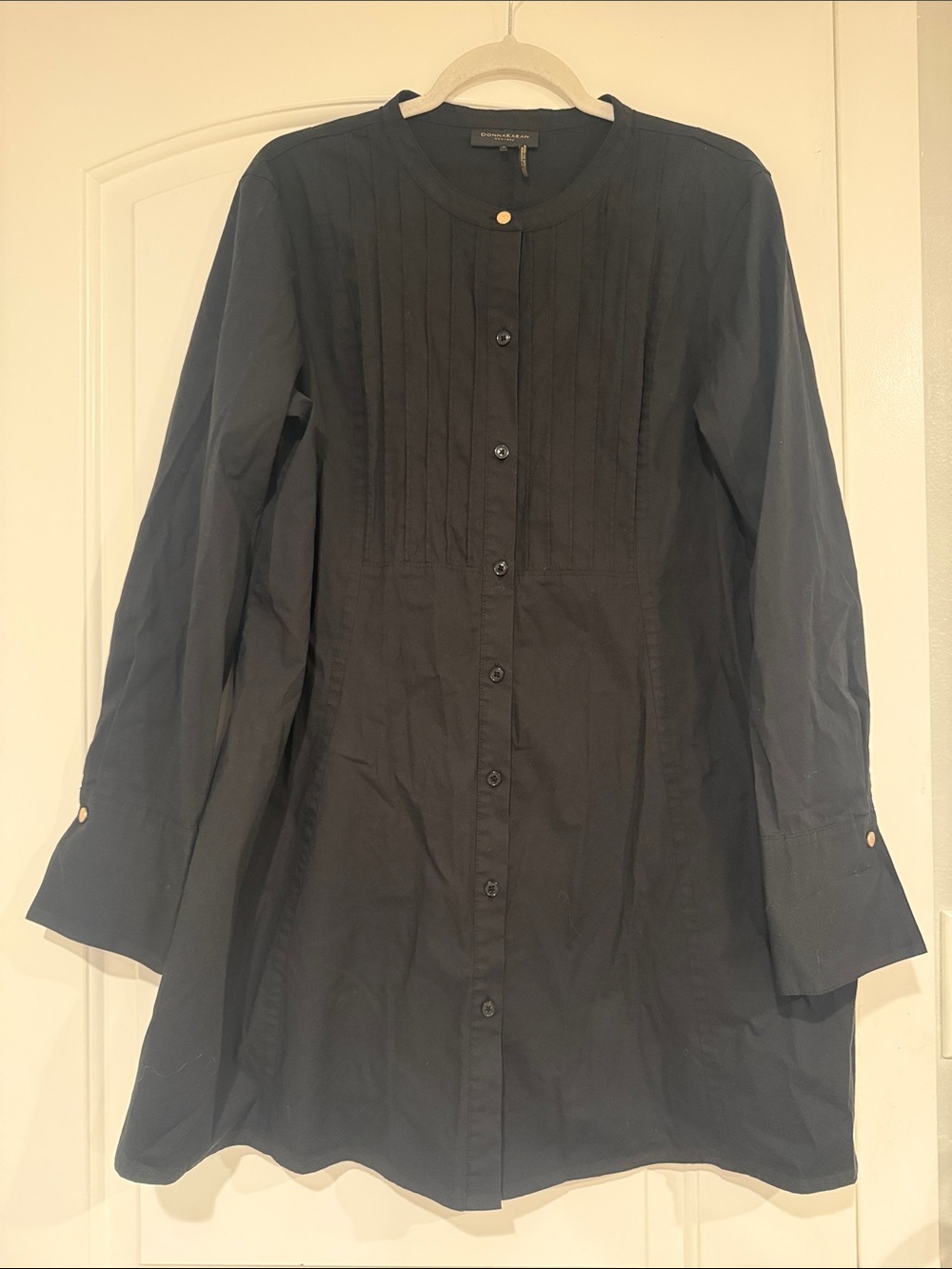 Donna Karan Black Long-Sleeve Pintuck Button-Front Dress